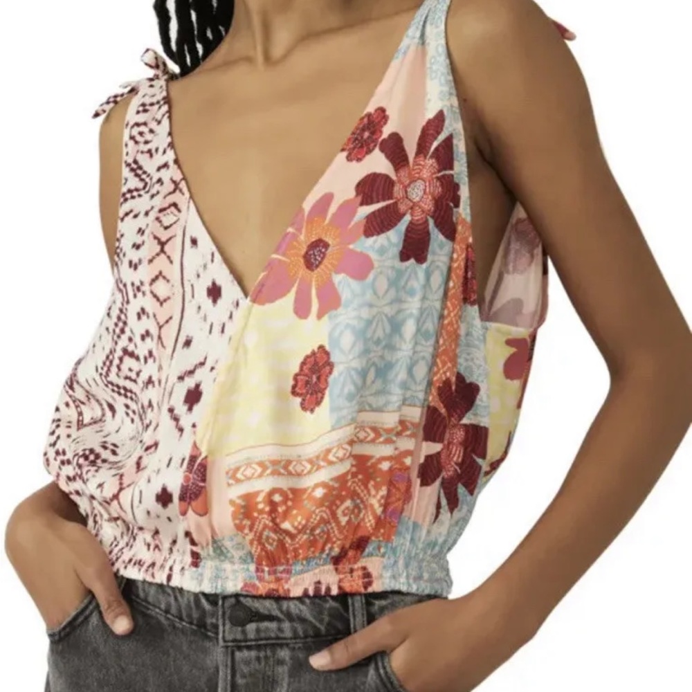 Free People Tied To You Floral Print Surplice Boho Tank Top Tropical
